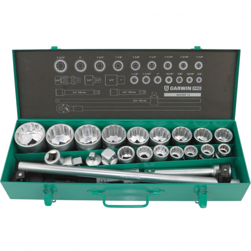 Набор торцевых головок дюймовых 3/4" 12 гр., 3/4"- 2", 23 пр. GARWIN PRO 643560-12